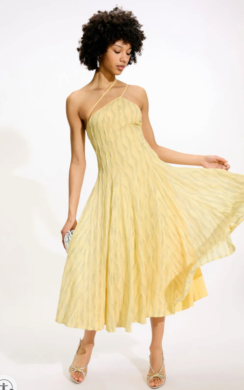 Black Halo Yellow Abstract Athena Midi Dress Size L